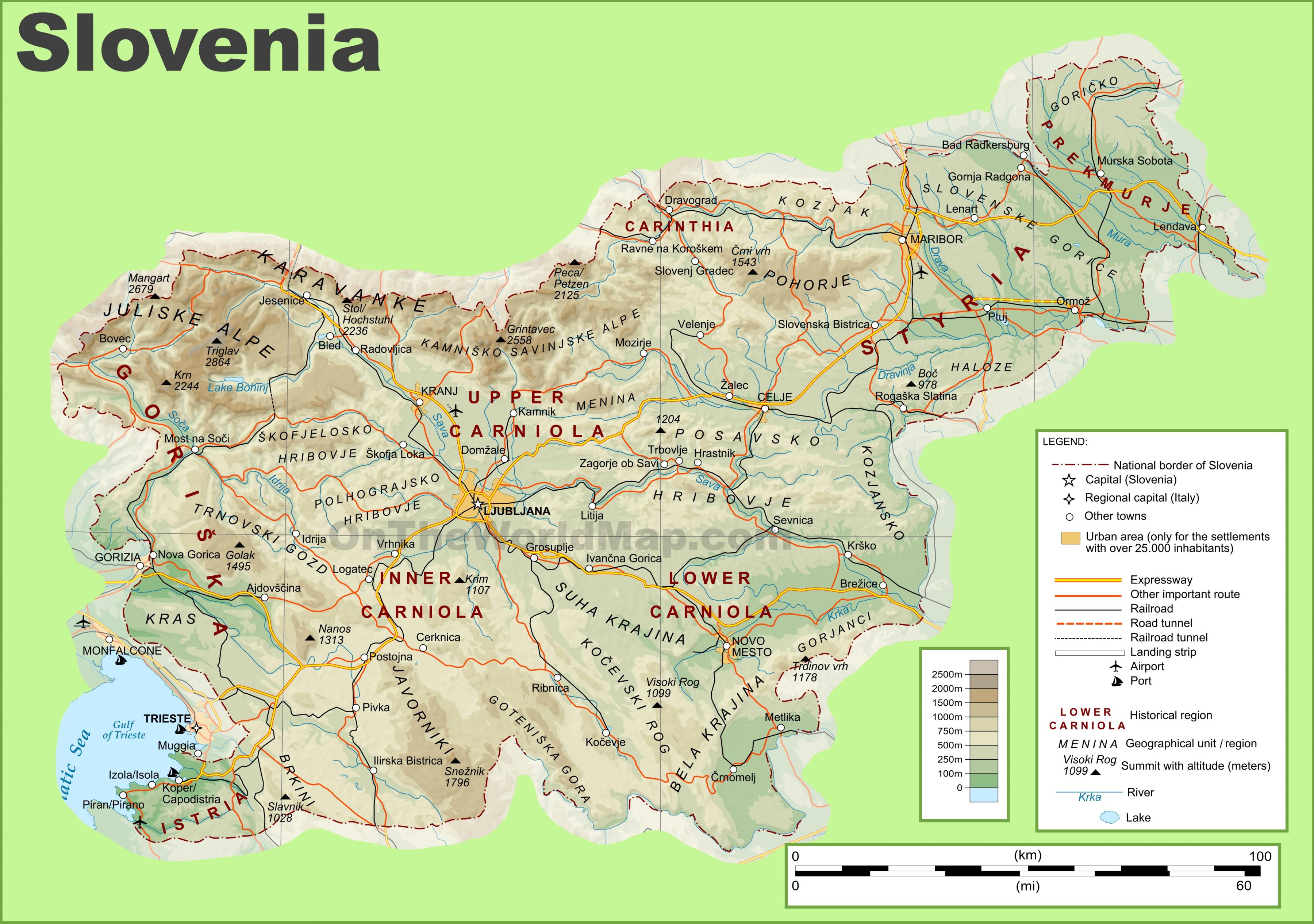 Slovenija fizični zemljevid, Zemljevid Slovenije fizično (Južni Evropi