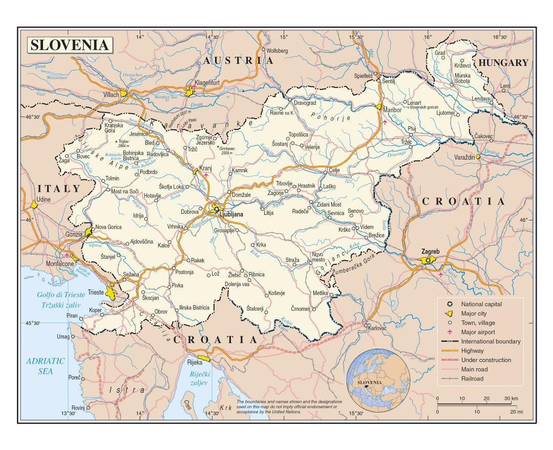 Zemljevid Slovenije letališča